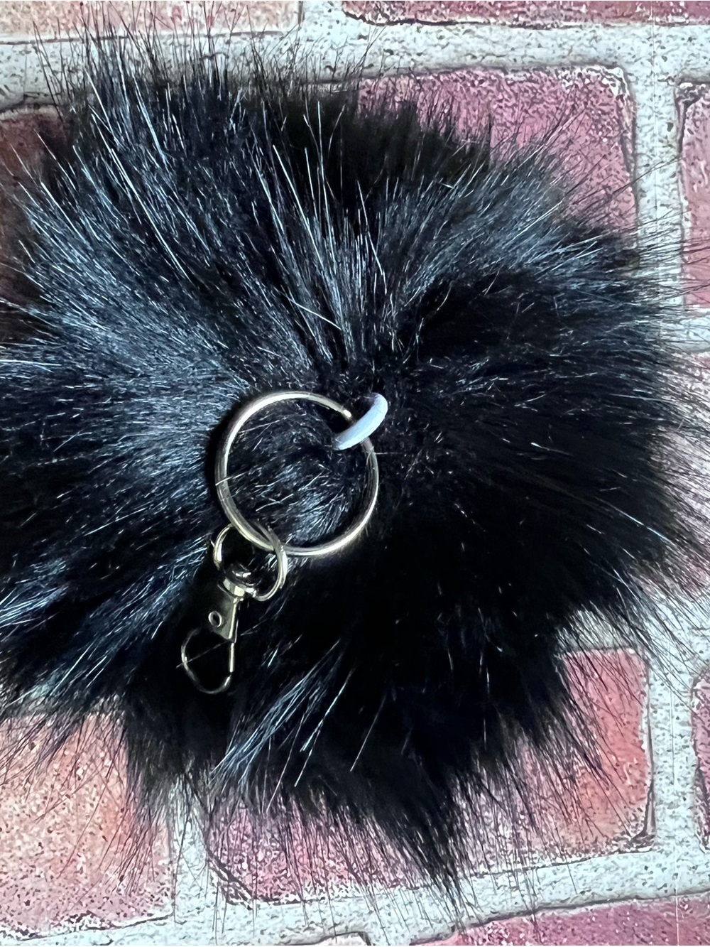 Black Faux Fur Pom Pom Keychain with Silver Hardware